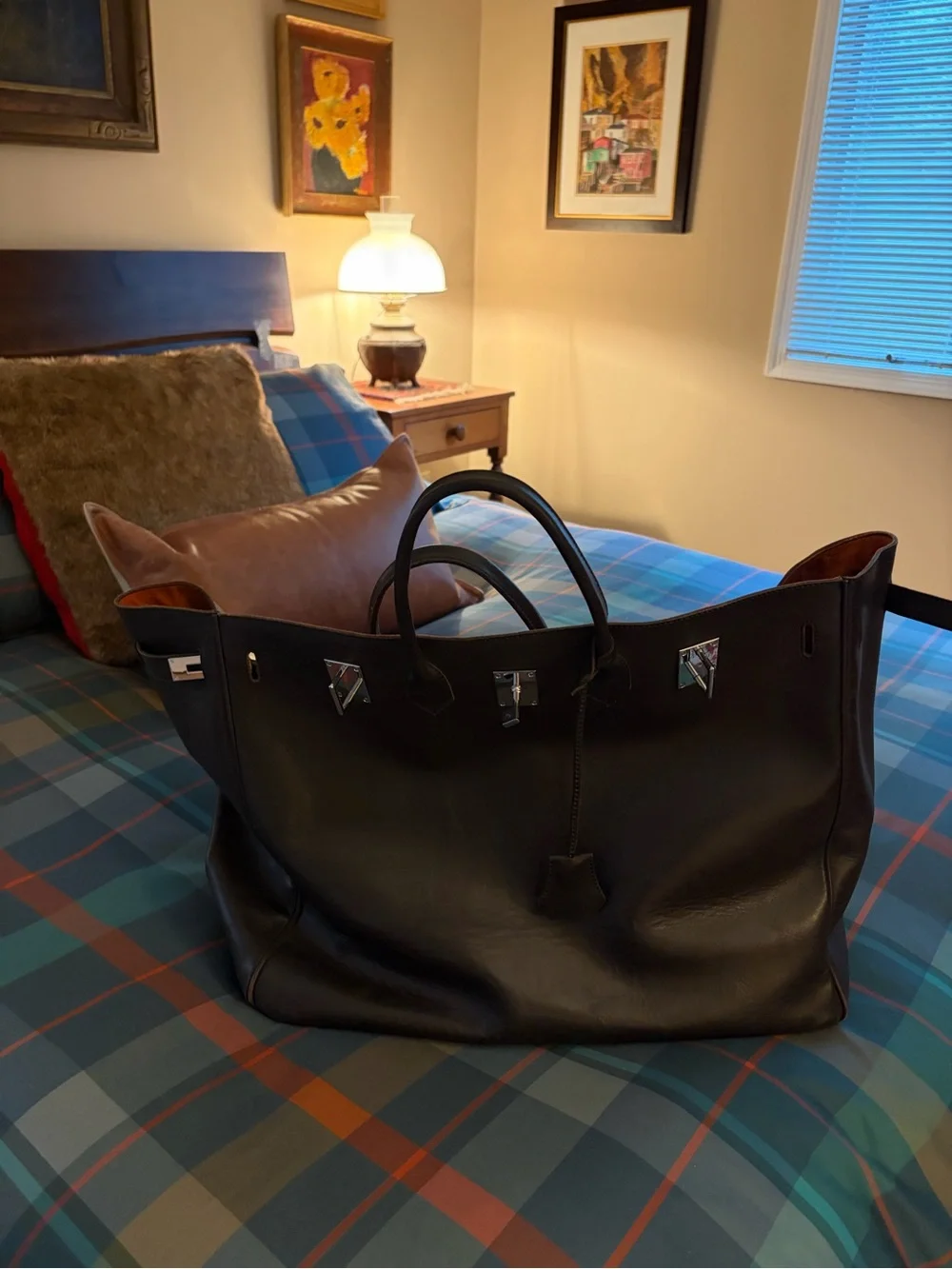 Brown Leather Tote Bag with Silver Hardware